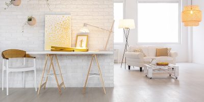 Bright living room interior with stylish lighting