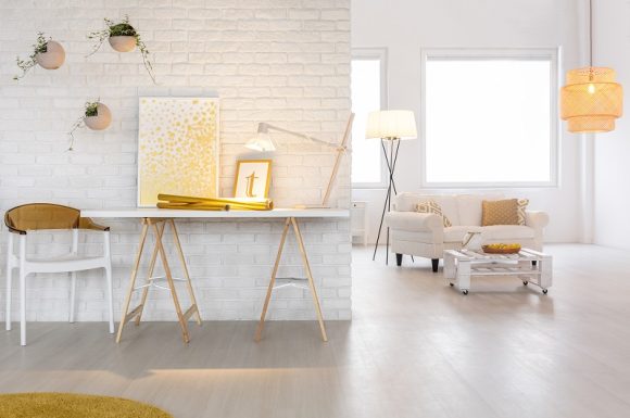 Bright living room interior with stylish lighting